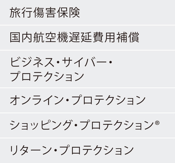 旅行傷害保険
国内航空機遅延費用補償
ビジネス・サイバー・プロテクション
ビジネス・ワランティ・プラス
オンライン・プロテクション
ショッピング・プロテクション®
リターン・プロテクション
キャンセル・プロテクション