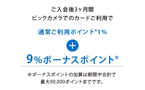 ご入会後3ヶ月間ビックカメラでのカードご利用で通常ご利用ポイント*1%+9%ボーナスポイント
※ボーナスポイントの加算は期間中合計で最大90,000ポイントまでです。