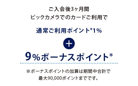 ご入会後3ヶ月間ビックカメラでのカードご利用で通常ご利用ポイント*1%+9%ボーナスポイント
※ボーナスポイントの加算は期間中合計で最大90,000ポイントまでです。