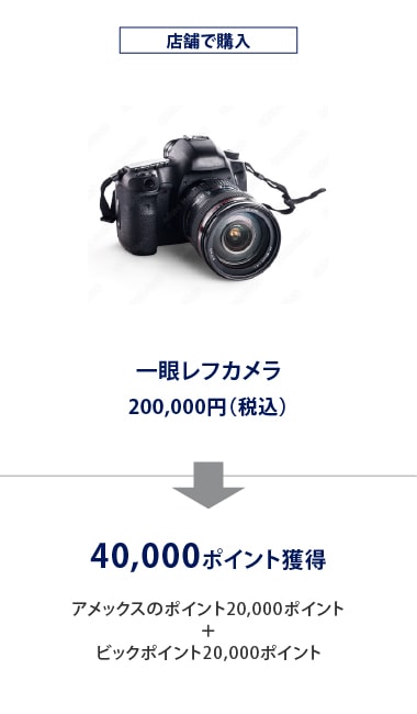 店舗で購入
一眼レフカメラ
200,000円（税込）
40,000ポイント獲得
アメックスのポイント20,000ポイント
＋
ビックポイント20,000ポイント