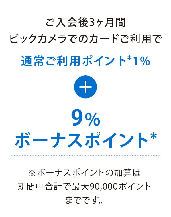 ご入会後3ヶ月間ビックカメラでのカードご利用で通常ご利用ポイント*1%+9%ボーナスポイント
※ボーナスポイントの加算は期間中合計で最大90,000ポイントまでです。