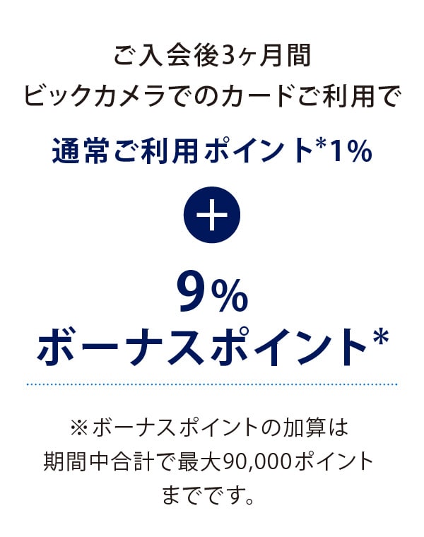 ご入会後3ヶ月間ビックカメラでのカードご利用で通常ご利用ポイント*1%+9%ボーナスポイント
※ボーナスポイントの加算は期間中合計で最大90,000ポイントまでです。