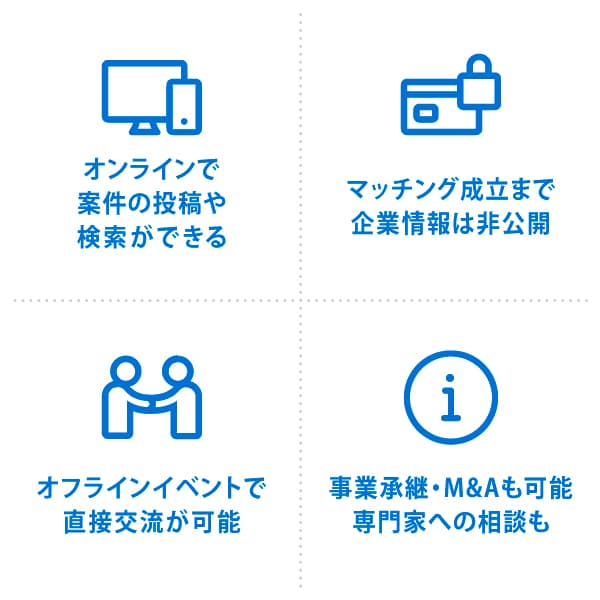 オンラインで案件の投稿や検索ができる
マッチング成立まで企業情報は非公開
オフラインイベントで直接交流が可能
事業承継・M&Aも可能専門家への相談も