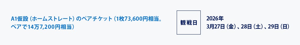 A1仮設（ホームストレート）のペアチケット（1枚73,600円相当｡
ペアで14万7,200円相当）
観戦日2026年3月27日（金）、28日（土）、29日（日）