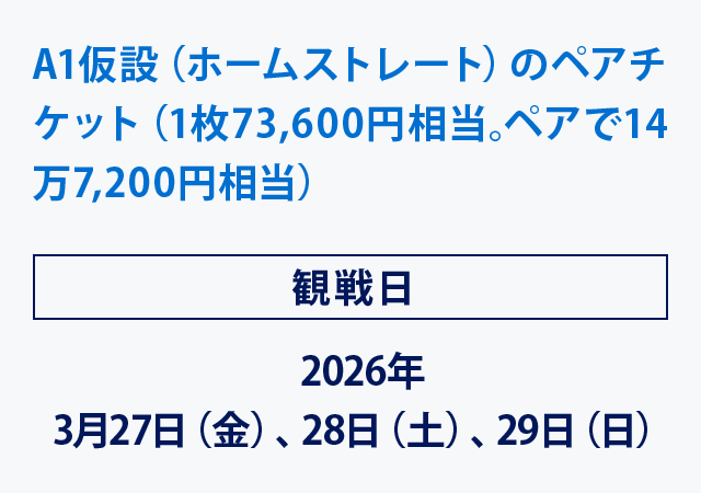 A1仮設（ホームストレート）のペアチケット（1枚73,600円相当｡
ペアで14万7,200円相当）
観戦日2026年3月27日（金）、28日（土）、29日（日）