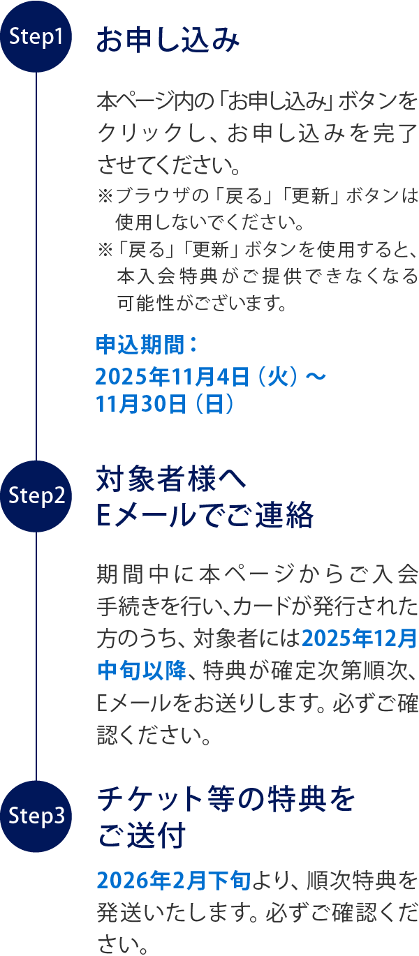 Step1お申し込み
本ページ内の「お申し込みはこちら」ボタンをクリックし、お申し込みを完了させてください。
※ブラウザの「戻る」「更新」ボタンは使用しないでください｡
※「戻る」「更新」ボタンを使用すると、本入会特典がご提供できなくなる可能性がございます｡
申込期間：2025年11月4日（火）～11月30日（日）
Step2対象者様へEメールでご連絡
期間中に本ページからご入会手続きを行い､カードが発行された方のうち、対象者には2025年12月中旬
以降、特典が確定次第順次、Eメールをお送りします。必ずご確認ください。
Step3チケット等の特典をご送付
2026年2月下旬より、順次特典を発送いたします。必ずご確認ください。