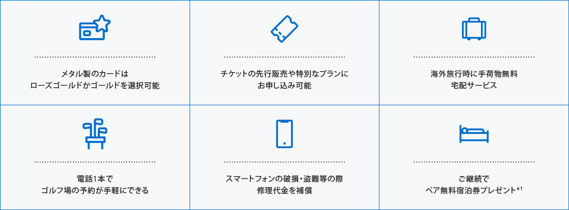 メタル製のカードはローズゴールドかゴールドを選択可能
チケットの先行販売や特別なプランにお申し込み可能
海外旅行時に手荷物無料宅配サービス
電話1本でゴルフ場の予約が手軽にできる
スマートフォンの破損・盗難等の際修理代金を補償*
ご継続でペア無料宿泊券プレゼント*2