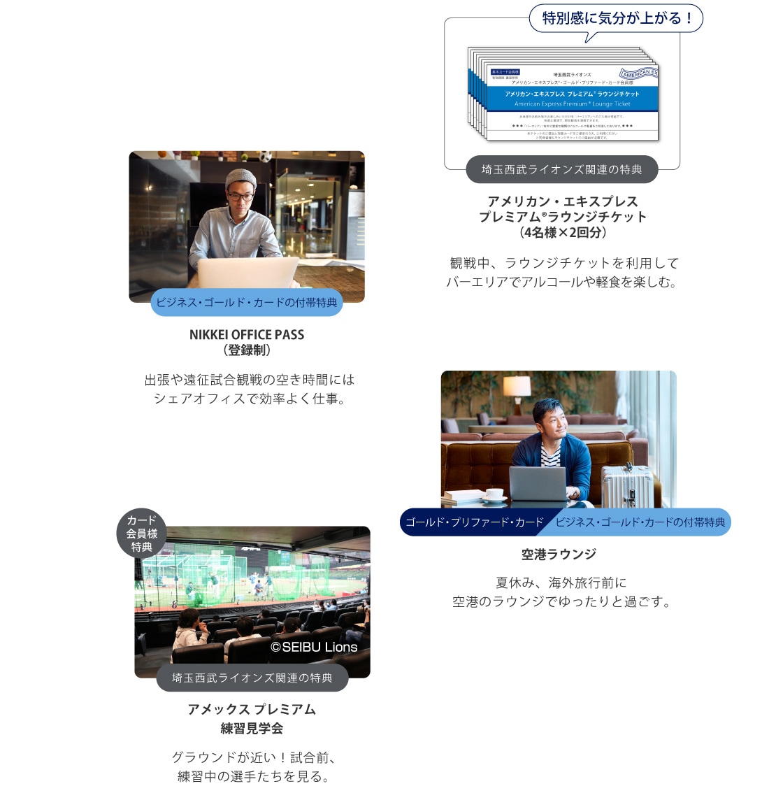 特別感に気分が上がる！
埼玉西武ライオンズ関連の特典
アメリカン・エキスプレスプレミアム®ラウンジチケット（4名様×2回分）
観戦中、ラウンジチケットを利用してバーエリアでアルコールや軽食を楽しむ。
ビジネス・ゴールド・カードの付帯特典
NIKKEI OFFICE PASS（登録制）
出張や遠征試合観戦の空き時間にはシェアオフィスで効率よく仕事｡
ゴールド・プリファード・カードビジネス・ゴールド・カードの付帯特典
空港ラウンジ
夏休み、海外旅行前に空港のラウンジでゆったりと過ごす｡
カード会員様特典
埼玉西武ライオンズ関連の特典
アメックス プレミアム練習見学会
グラウンドが近い！試合前、練習中の選手たちを見る。