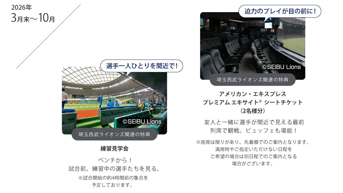 2026年3月末～10月
迫力のプレイが目の前に！
埼玉西武ライオンズ関連の特典
アメリカン・エキスプレスプレミアム エキサイト シートチケット（2名様分）
友人と一緒に選手が間近で見える最前列席で観戦。ビュッフェも堪能！
選手一人ひとりを間近で！
埼玉西武ライオンズ関連の特典
練習見学会
グラウンドが近い！
試合前、練習中の選手たちを見る。