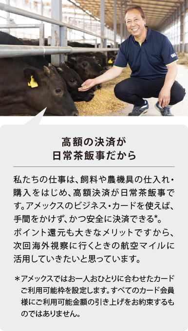 高額の決済が日常茶飯事だから
私たちの仕事は、飼料や農機具の仕入れ・購入をはじめ、高額決済が日常茶飯事です。アメックスのビジネス・カードを使えば、手間をかけず、かつ安全に決済できる*。ポイント還元も大きなメリットですから、次回海外視察に行くときの航空マイルに活用していきたいと思っています。
＊アメックスではお一人おひとりに合わせたカードご利用可能枠を設定します。すべてのカード会員様にご利用可能金額の引き上げをお約束するものではありません。
＊アメックスではお一人おひとりに合わせたカードご利用可能枠を設定します。すべてのカード会員様にご利用可能金額の引き上げをお約束するものではありません。
