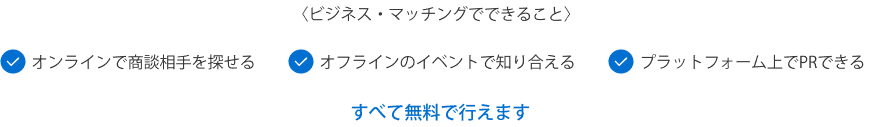 〈ビジネス・マッチングでできること〉オンラインで商談相手を探せるオフラインのイベントで知り合えるプラットフォーム上でPRできるすべて無料で行えます
