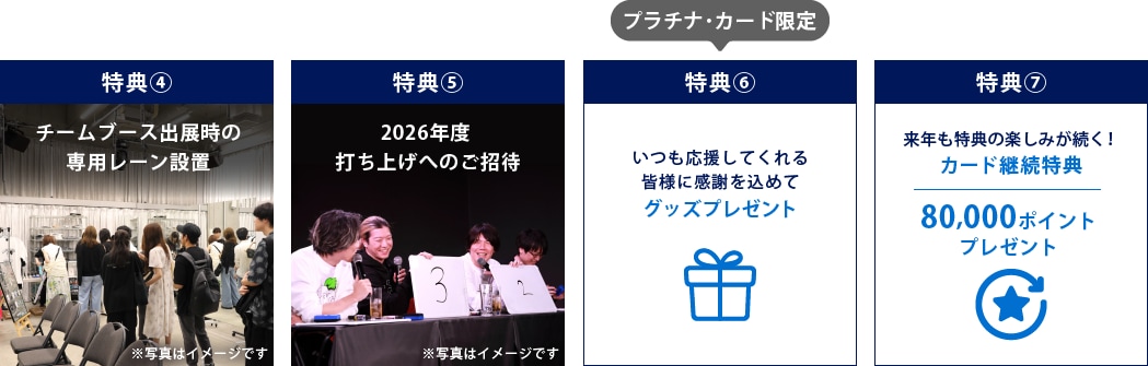 特典④チームブース出展時の専用レーン設置
特典⑤2026年度打ち上げへのご招待
プラチナ･カード限定特典⑥いつも応援してくれる皆様に感謝を込めてグッズプレゼント
特典⑦来年も特典の楽しみが続く！カード継続特典
80,000ポイントプレゼント