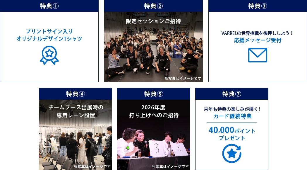 特典①プリントサイン入りオリジナルデザインTシャツ
特典②限定セッションご招待
特典③VARRELの世界挑戦を後押ししよう！応援メッセージ受付
特典④チームブース出展時の専用レーン設置
特典⑤2026年度打ち上げへのご招待
⑥来年も特典の楽しみが続く！カード継続特典
40,000ポイントプレゼント
