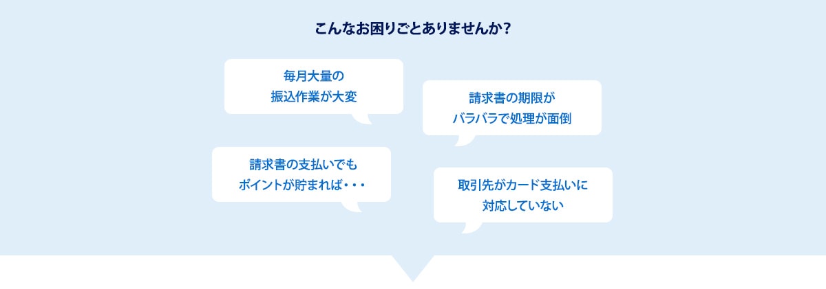 こんなお困りごとありませんか？毎月大量の振込作業が大変。請求書の期限がバラバラで処理が面倒。請求書の支払いでもポイントが貯まれば。取引先がカード支払いに対応していない。