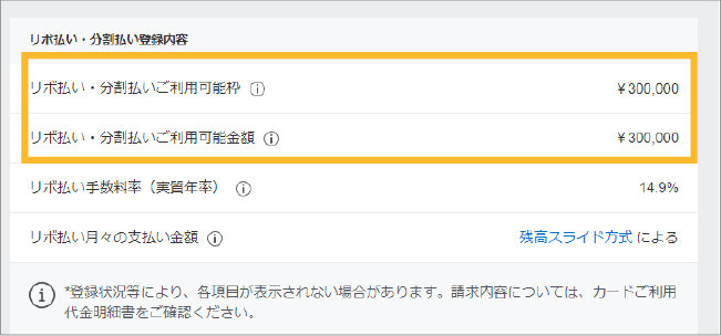 表示される画面をスクロールしていくと、ペイフレックス（リボ・分割払い）ご利用可能枠／金額が表示されます