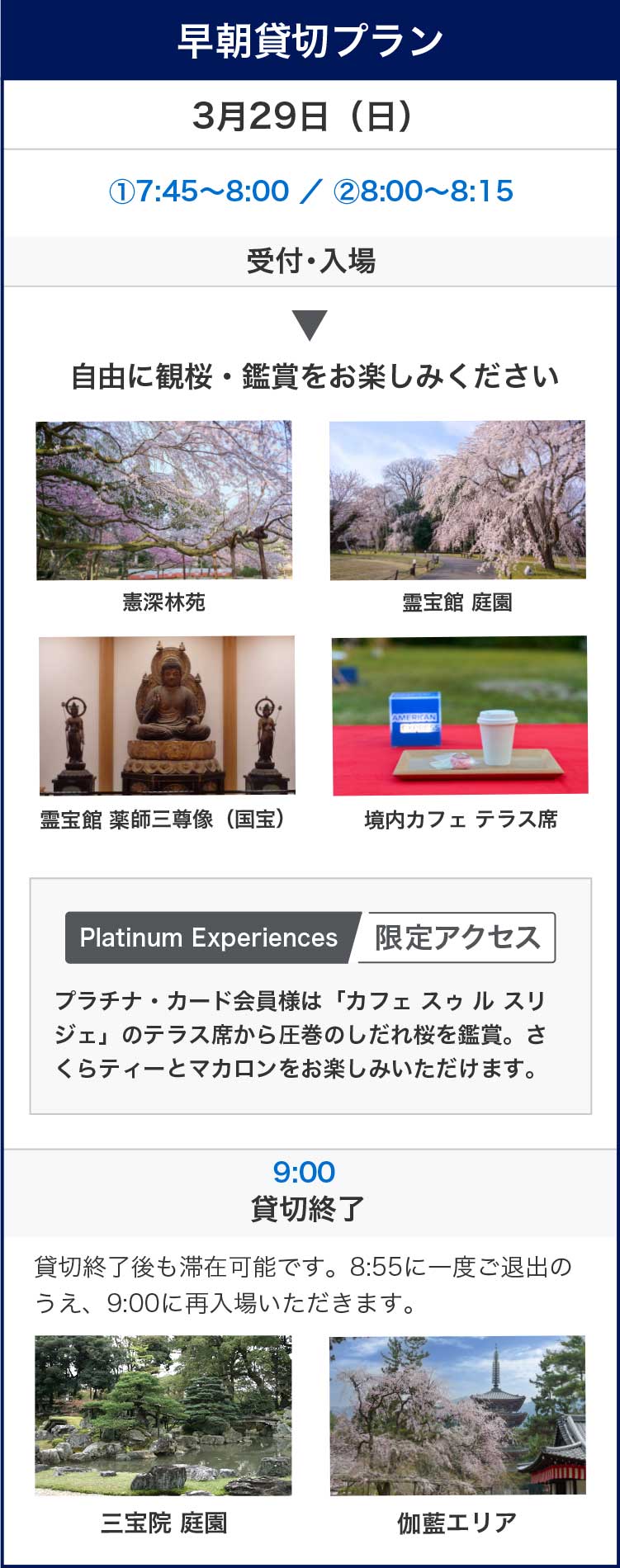 早朝貸切プラン
3月29日（日）①7:45～8:00 ／ ②8:00～8:15受付・入場
自由に観桜・鑑賞をお楽しみください
憲深林苑
霊宝館 庭園
霊宝館 薬師三尊像（国宝）
境内カフェ テラス席
Platinum Experiences限定アクセス
プラチナ・カード会員様は「カフェ スゥ ル スリジェ」のテラス席から圧巻のしだれ桜を鑑賞。さくらティーとマカロンをお楽しみいただけます。
9:00貸切終了
貸切終了後も滞在可能です。8:55に一度ご退出のうえ、9:00に再入場いただきます。
三宝院 庭園
伽藍エリア
