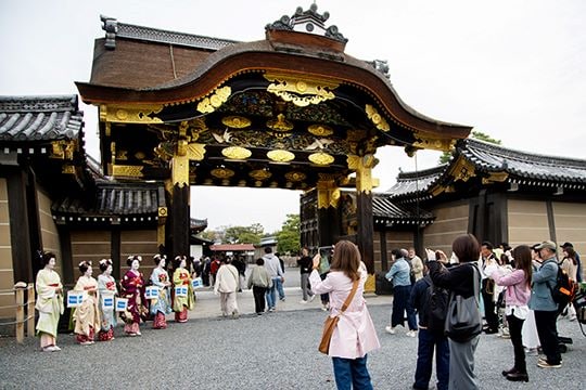 二条城を象徴する重要文化財「唐門」でお迎えする芸舞妓								