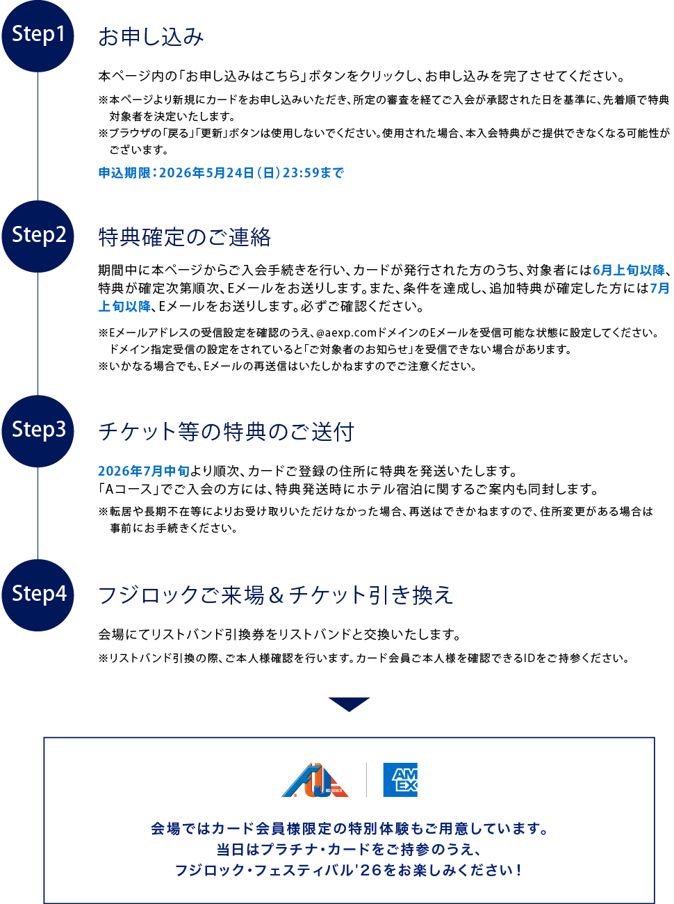 Step1お申し込み
本ページ内の「お申し込みはこちら」ボタンをクリックし、お申し込みを完了させてください。
※本ページより新規にカードをお申し込みいただき、所定の審査を経てご入会が承認された日を基準に、先着順で特典対象者を決定いたします。
※ブラウザの「戻る」「更新」ボタンは使用しないでください。使用された場合、本入会特典がご提供できなくなる可能性がございます。
申込期限：2026年5月24日（日）23:59まで
Step2特典確定のご連絡
期間中に本ページからご入会手続きを行い、カードが発行された方のうち、対象者には6月上旬以降、特典が確定次第順次、Eメールをお送りします。また、条件を達成し、追加特典が確定した方には7月上旬以降、Eメールをお送りします。必ずご確認ください。
※Eメールアドレスの受信設定を確認のうえ、@aexp.comドメインのEメールを受信可能な状態に設定してください。ドメイン指定受信の設定をされていると「ご対象者のお知らせ」を受信できない場合があります。
※いかなる場合でも、Eメールの再送信はいたしかねますのでご注意ください。
Step3チケット等の特典のご送付
2026年7月中旬より順次、カードご登録の住所に特典を発送いたします。
「Aコース」でご入会の方には、特典発送時にホテル宿泊に関するご案内も同封します。
※転居や長期不在等によりお受け取りいただけなかった場合、再送はできかねますので、住所変更がある場合は事前にお手続きください。
Step4フジロックご来場＆チケット引き換え
会場にてリストバンド引換券をリストバンドと交換いたします。
※リストバンド引換の際、ご本人様確認を行います。カード会員ご本人様を確認できるIDをご持参ください。

会場ではカード会員様限定の特別体験もご用意しています。
当日はプラチナ・カードをご持参のうえ、フジロック・フェスティバル'26をお楽しみください！