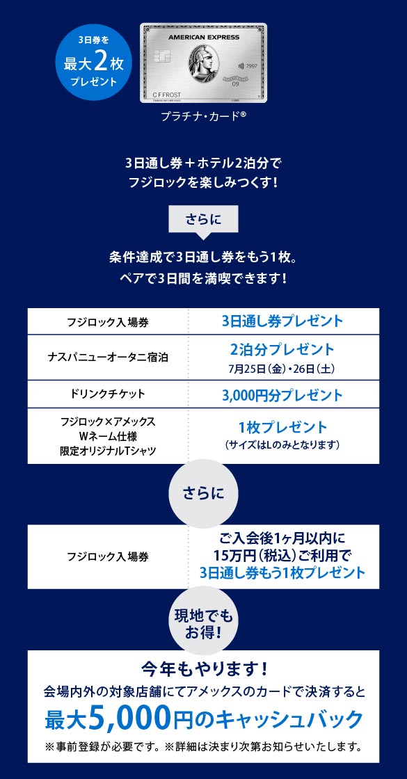 3日券を最大2枚プレゼント
プラチナ・カード®
3日通し券＋ホテル2泊分で
フジロックを楽しみつくす！
条件達成で3日通し券をもう1枚。
ペアで3日間を満喫できます！
フジロック入場券3日通し券プレゼント
NASPA ニューオータニ宿泊2泊分プレゼント7月25日（金）・26日（土）
ドリンクチケット3,000円分プレゼント
フジロック×アメックスWネーム 仕様 限定オリジナルTシャツ1枚プレゼント
最大5,000円のキャッシュバック（サイズはLのみとなります）

さらに
フジロック入場券ご入会後1ヶ月以内に15万円（税込）ご利用で3日通し券もう1枚プレゼント

現地でもお得！
今年もやります！
会場内外の対象店舗にてアメックスのカードで決済すると最大5,000円のキャッシュバック※事前登録が必要です。