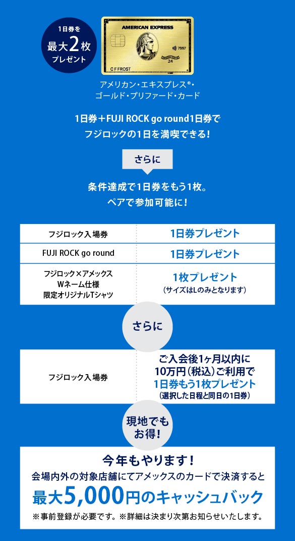 1日券を最大2枚プレゼント
アメリカン・エキスプレス®・ゴールド・プリファード・カード
1日券＋FUJI ROCK go round1日券で
フジロックの1日を満喫できる！
条件達成で1日券をもう1枚。
ペアで参加可能に！
フジロック入場券1日券プレゼント
FUJI ROCK go round1日券プレゼント
フジロック×アメックスWネーム 仕様 限定オリジナルTシャツ1枚プレゼント
最大5,000円のキャッシュバック（サイズはLのみとなります）

さらに
フジロック入場券ご入会後1ヶ月以内に10万円（税込）ご利用で1日券もう1枚プレゼント（選択した日程と同日の1日券）

現地でもお得！
今年もやります！
会場内外の対象店舗にてアメックスのカードで決済すると最大5,000円のキャッシュバック※事前登録が必要です。