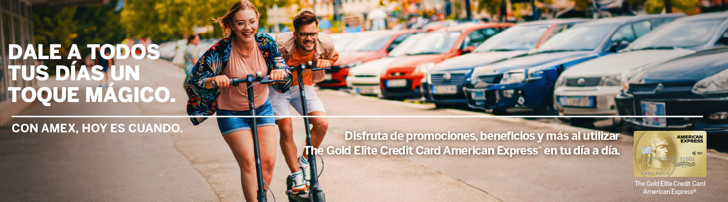 Gente patinando y texto de beneficios de la Tarjeta American Express