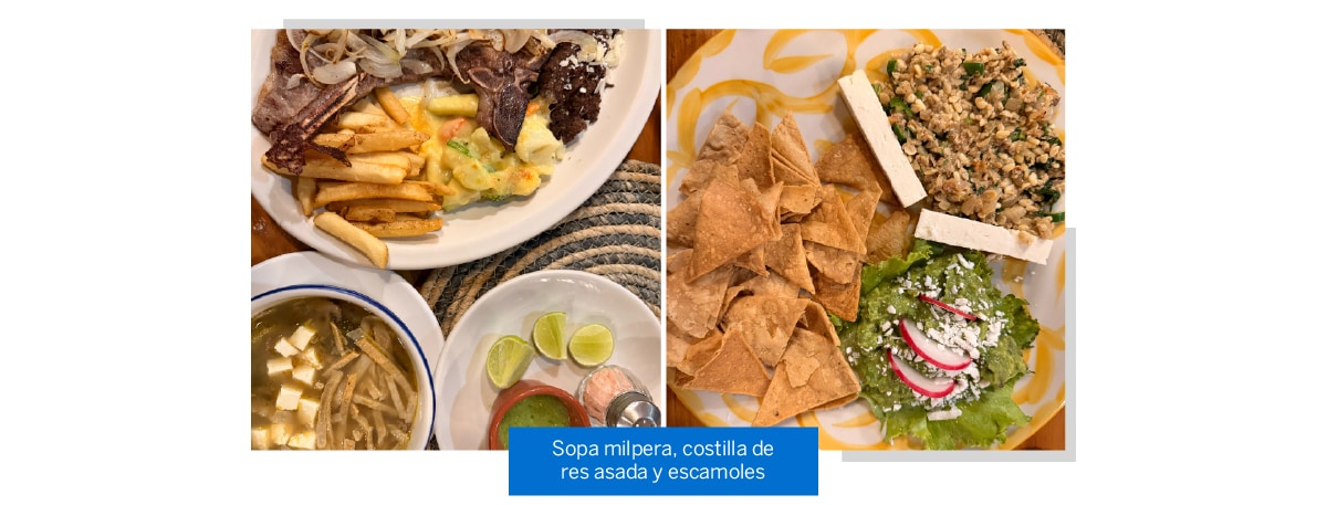Sopa milpera, costilla de res asada y escamoles