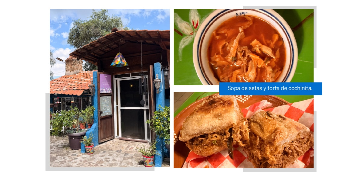 Sopa de setas y torta de cochinita