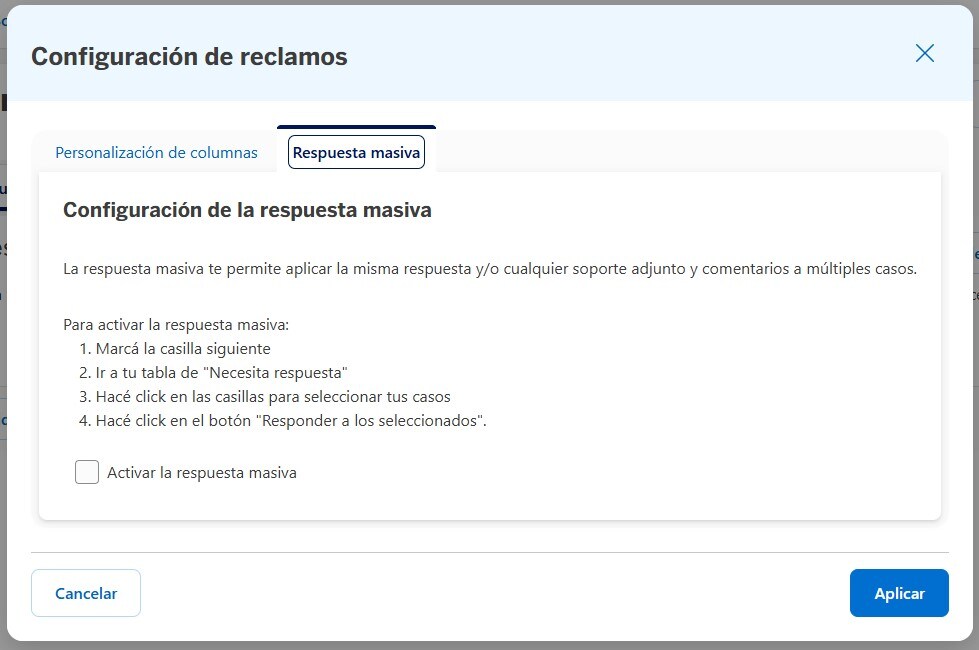 Screenshot of Bulk Response screen