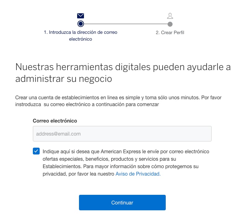 Screenshot of registration page