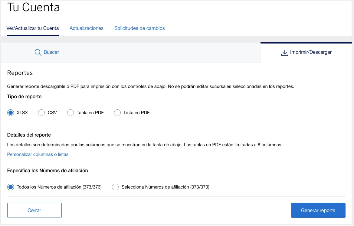 Screenshot of option to print or download account reports