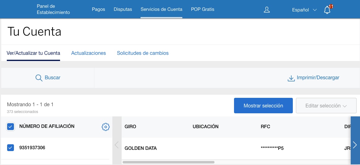 Screenshot of the View/Update tab under Account Services