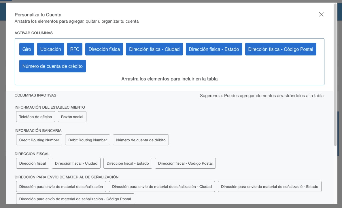 Screenshot of column customization options