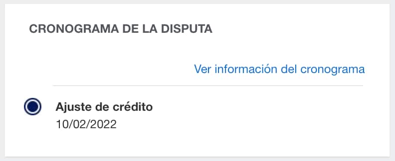 Screenshot of dispute timeline details