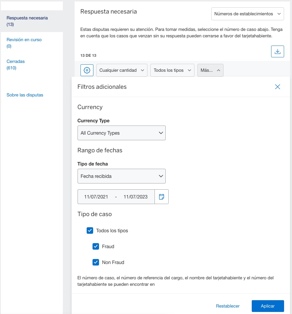 Screenshot of "More" dropdown for additional filter options