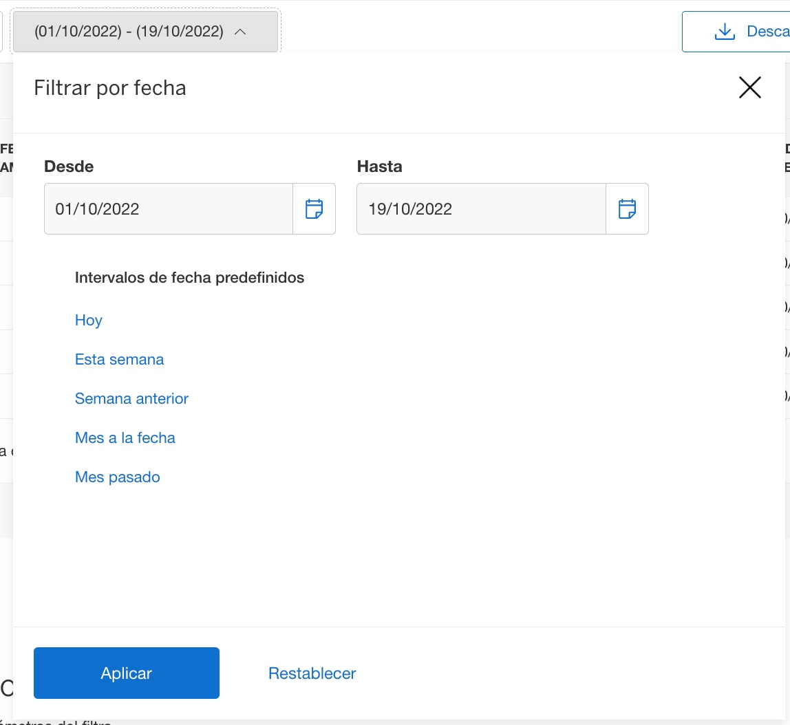 Screenshot of filtering by date