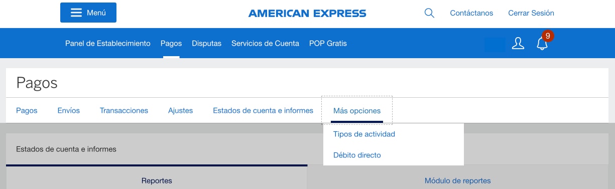 Screenshot of Payments Navigation