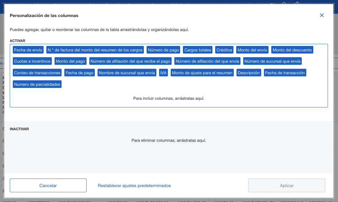 Screenshot of column customization options