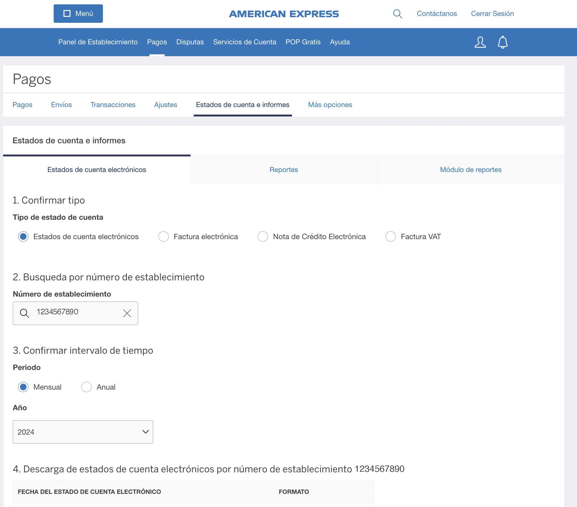 Screenshot of options for downloading E-Statements