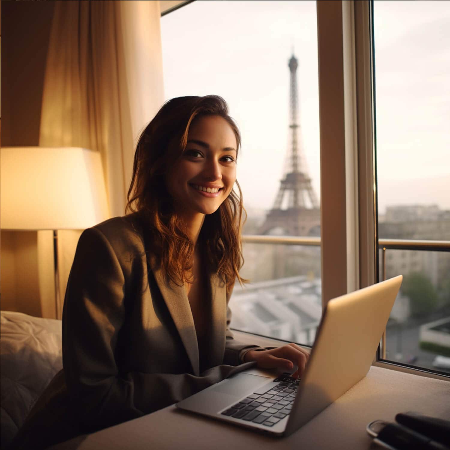 Vrouw met laptop in hotel Parijs