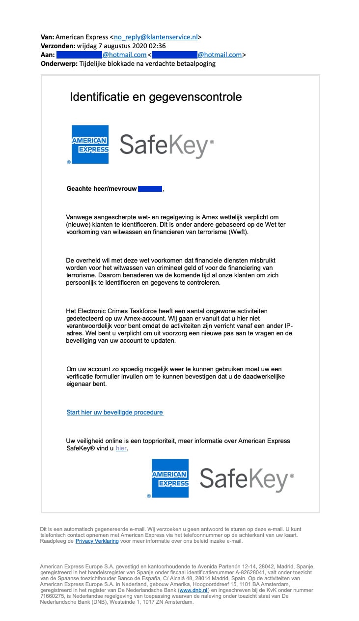 Voorbeeld van een phishing E-mail over Safekey