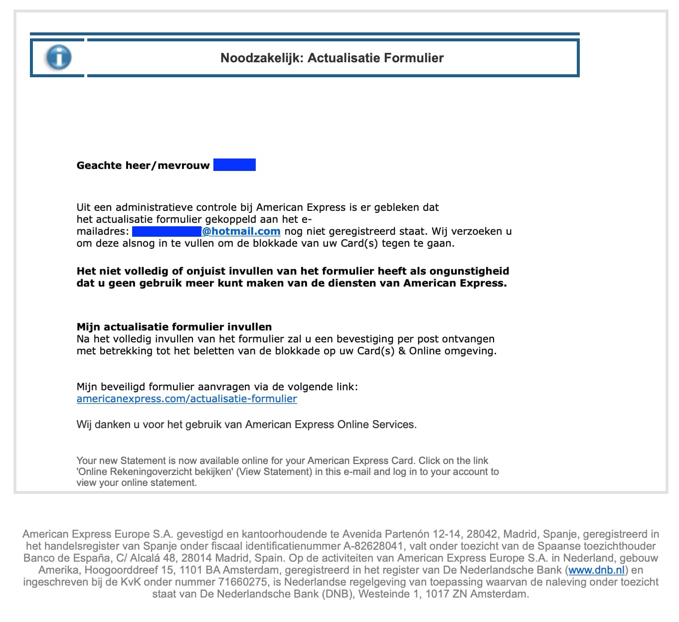Voorbeeld van een phishing E-mail