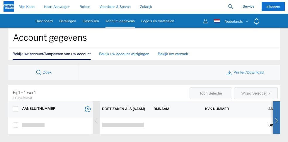 Screenshot of the View/Update tab under Account Services