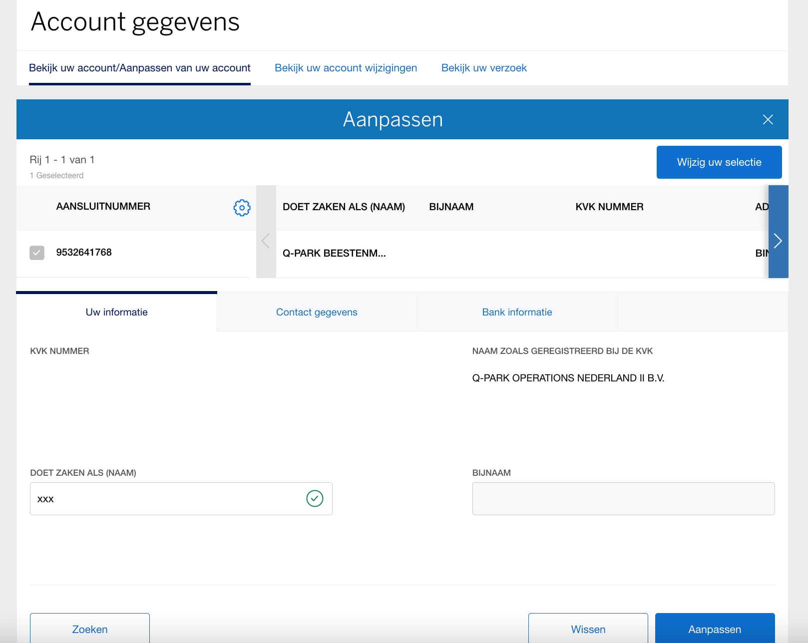 Screenshot of editing Business Information