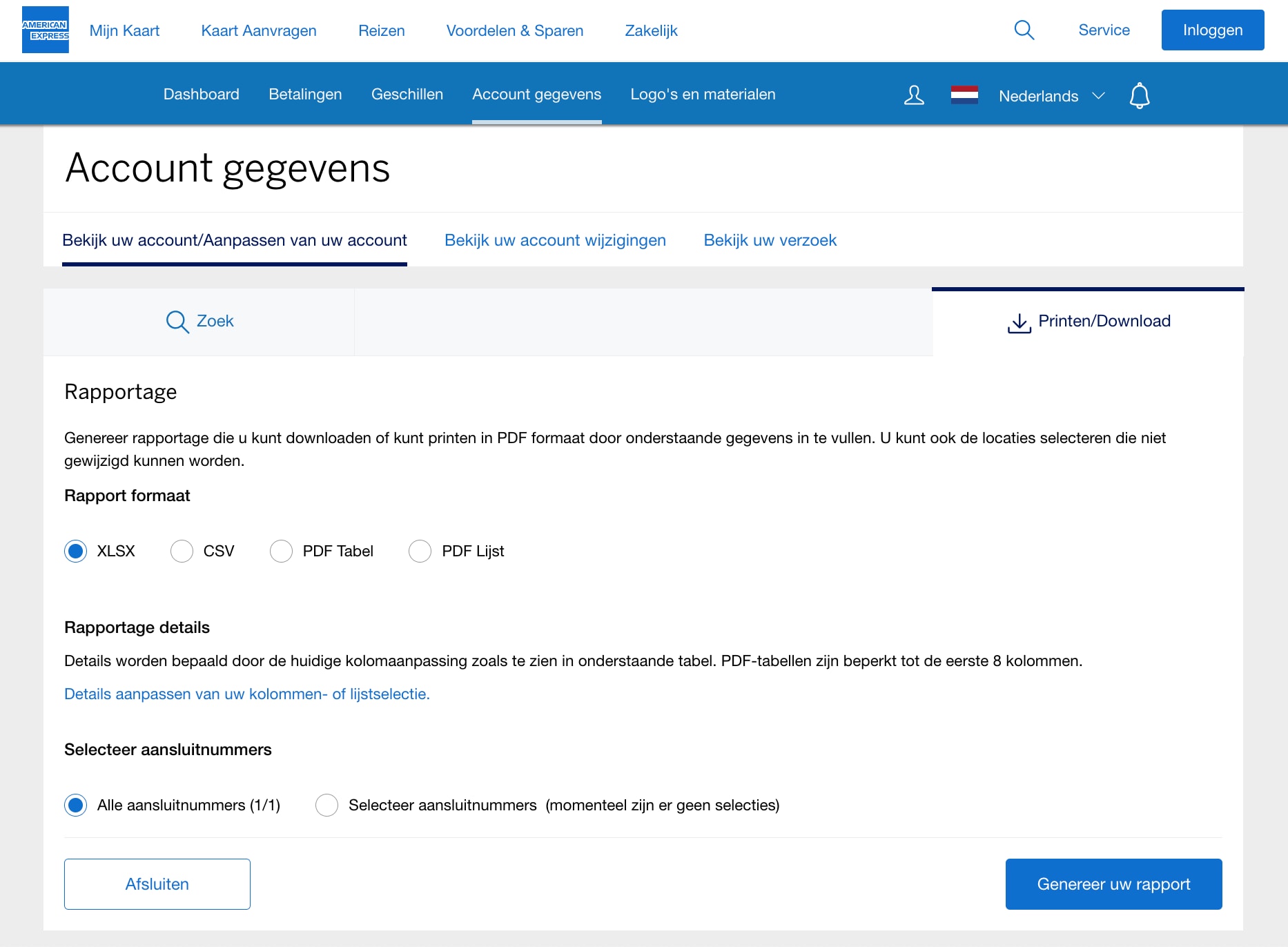 Screenshot of option to print or download account reports