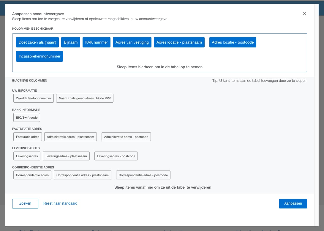Screenshot of column customization options