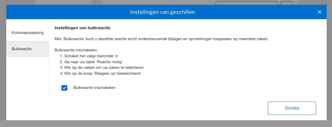 Screenshot of Bulk Response screen