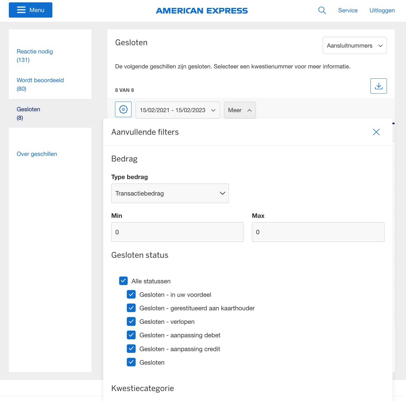 Screenshot of filtering closed disputes by status