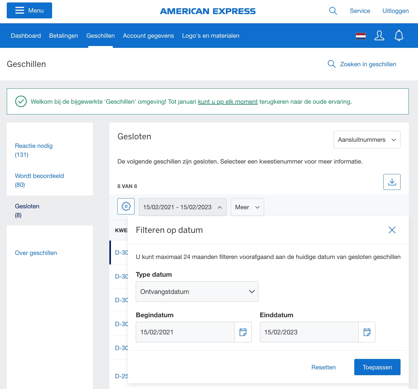 Screenshot of filtering dispute by the closed date