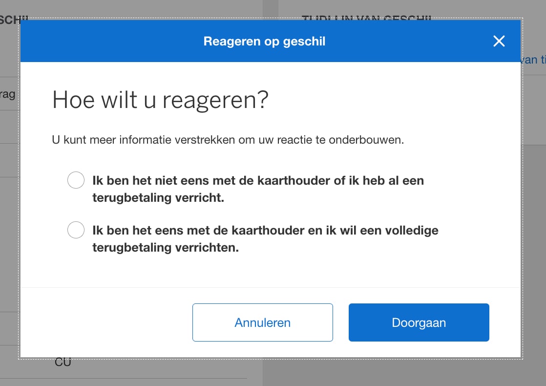 Screenshot of two options once clicking on the Respond to this Dispute button