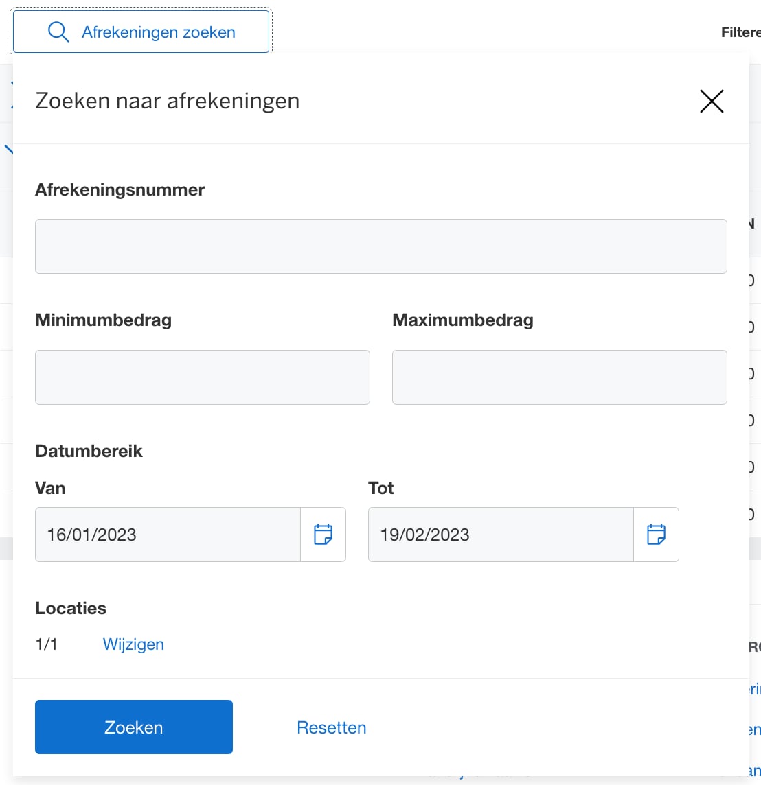 Screenshot of Settlements search option